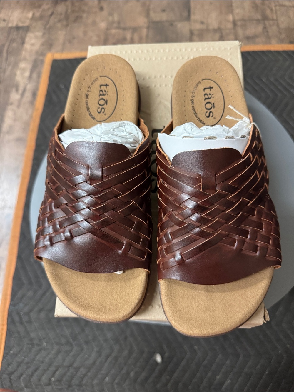 Taos Footwear Brown Woven Leather Slide Mules